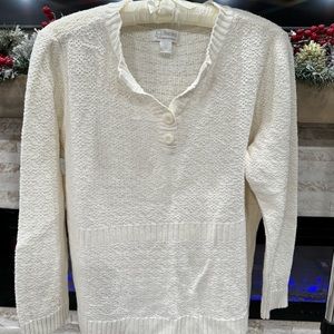 Cream Colored Sweater with V Neck Button Collar and Ribbed Trim by CJ Banks